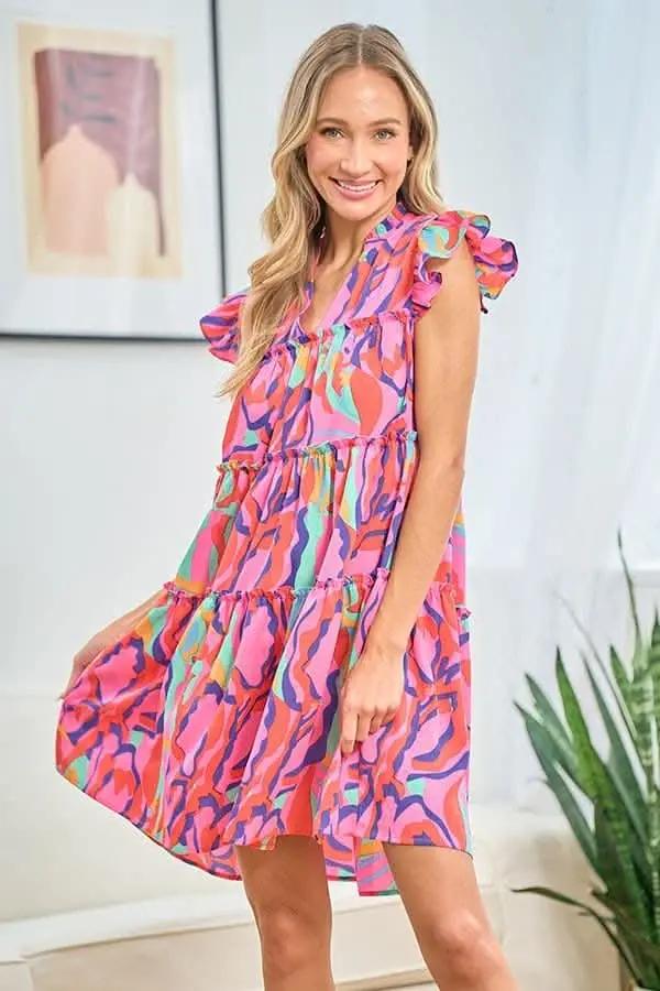 First Love Full Size Printed Ruffle Cap Sleeve Dress - Love Salve